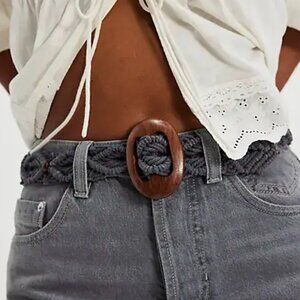NWT Free People "Beach Wood Waist Belt" Crochet Blue Festival M/L 28-34" $48